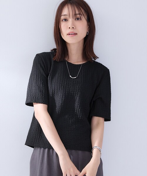 UNTITLED(アンタイトル)の「◆【洗える】5分袖ポコポコプルオーバー(Tシャツ/カットソー・レディース・オフホワイト/ブラック・02)」の1枚目の写真