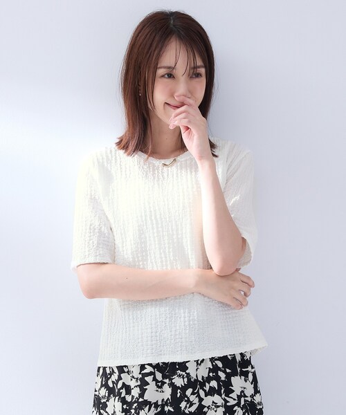 UNTITLED(アンタイトル)の「◆【洗える】5分袖ポコポコプルオーバー(Tシャツ/カットソー・レディース・オフホワイト/ブラック・02)」の4枚目の写真