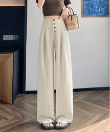 ハイウエストボタン付きリネンライクタック入りワイドパンツ