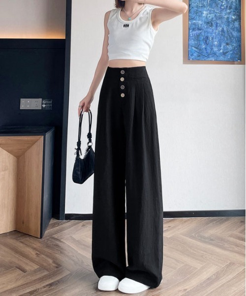 &soiree(アンドソワレ)の「ハイウエストボタン付きリネンライクタック入りワイドパンツ(その他パンツ・レディース・ブラック/アイボリー・SMALL/MEDIUM/LARGE/X-LARGE)」の2枚目の写真