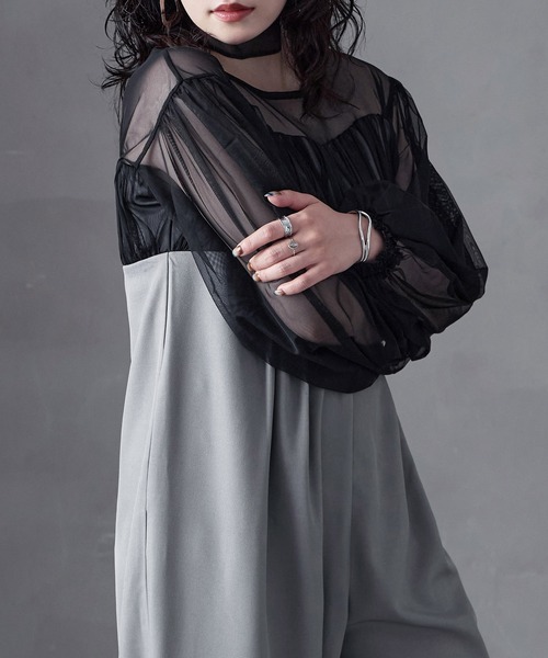 aity(アイティ)の「チュールドッキング ロングスリーブ オールインワンパンツドレス ドレス オケージョンドレス パーティー 結婚式(パンツドレス・レディース・ブラック/グレー・M)」の6枚目の写真