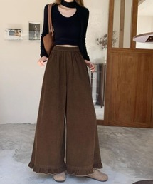 秋冬 ゆったりフリルヘムコーデュロイワイドパンツ