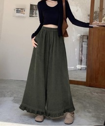 秋冬 ゆったりフリルヘムコーデュロイワイドパンツ