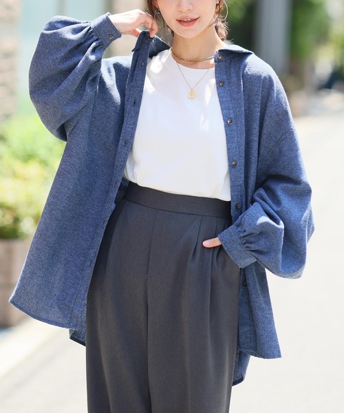 A HAPPY MARILYN(アハッピーマリリン)の「【選べる3サイズ/9カラー】フランネルチェック ボリューム袖シャツ【大きいサイズ対応】(シャツ/ブラウス・レディース・ダークブルー/アイボリー系/ブラック/ネイビー×ホワイト/ブラック×ホワイト/グリーン系/グレイッシュベージュ/グレー系/ネイビー・M1/M2/M3)」の11枚目の写真