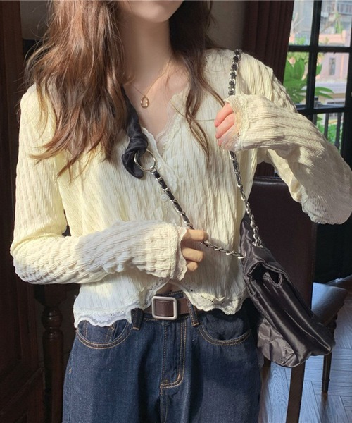 VIBGYOR(ヴィブジョー)の「【EIZZ/アイズ】レースパイピング シャーリングシアー Vネック 長袖カーディガン(カーディガン/ボレロ・レディース・ピンク/アイボリー・FREE)」の8枚目の写真