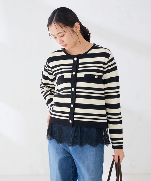 a.v.v（アーヴェヴェ）の「ミラノリブ ニット ジャケット（カーディガン/ボレロ・レディース・レッド/アイボリー/ダークブラウン・38/40）」の2枚目の写真