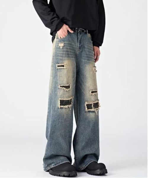 DOUBLE STEAL(ダブルスティール)の「DSクラッシュワイドデニムパンツ(デニムパンツ・メンズ・ブルー・SMALL/MEDIUM/LARGE/X-LARGE)」の1枚目の写真