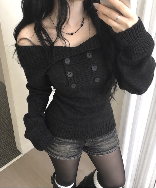 SHEENA(シーナ)の「ダブルボタンオフショルニットトップス(ニット/セーター・レディース・ホワイト/ブラック・M)」の10枚目の写真