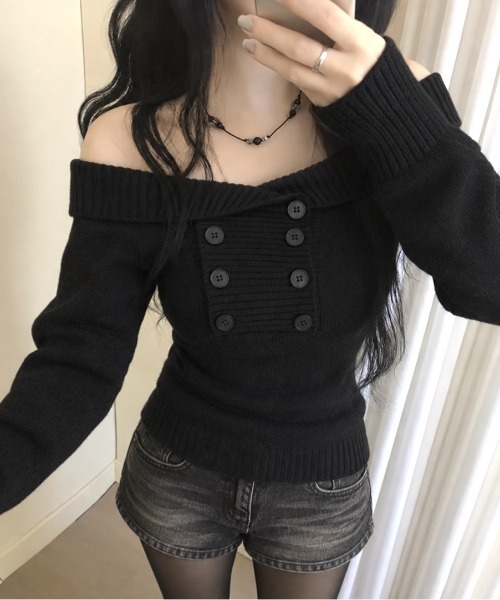 SHEENA(シーナ)の「ダブルボタンオフショルニットトップス(ニット/セーター・レディース・ホワイト/ブラック・M)」の11枚目の写真