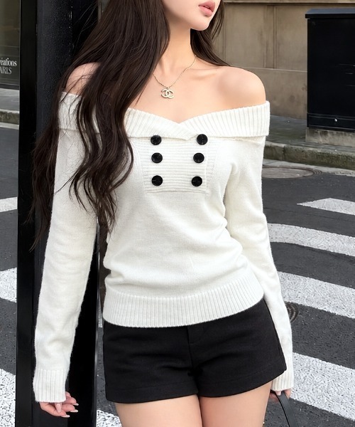 SHEENA(シーナ)の「ダブルボタンオフショルニットトップス(ニット/セーター・レディース・ホワイト/ブラック・M)」の14枚目の写真