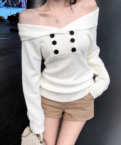 SHEENA(シーナ)の「ダブルボタンオフショルニットトップス(ニット/セーター・レディース・ホワイト/ブラック・M)」の17枚目の写真