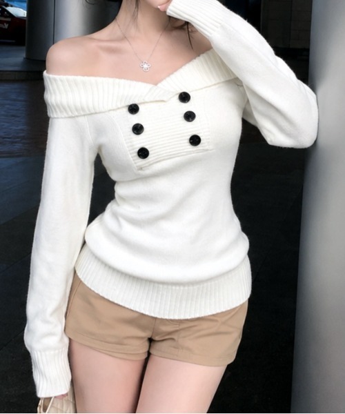 SHEENA(シーナ)の「ダブルボタンオフショルニットトップス(ニット/セーター・レディース・ホワイト/ブラック・M)」の18枚目の写真