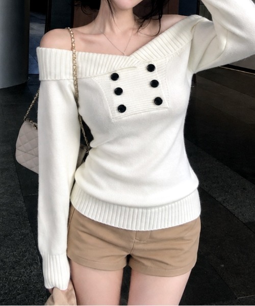 SHEENA(シーナ)の「ダブルボタンオフショルニットトップス(ニット/セーター・レディース・ホワイト/ブラック・M)」の19枚目の写真