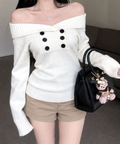 SHEENA(シーナ)の「ダブルボタンオフショルニットトップス(ニット/セーター・レディース・ホワイト/ブラック・M)」の20枚目の写真