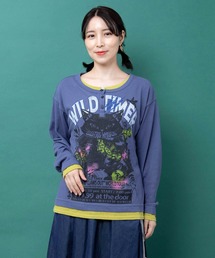 ScoLar（スカラー）の「163677：ワイルドネコ柄 レイヤード風配色プルオーバー（Tシャツ/カットソー）」