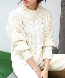 select MOCA | 柔らかいペールカラーで春先まで使える◆ケーブル透かし編み長袖リブハイネックニット(ニット/セーター)