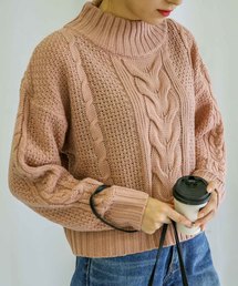 柔らかいペールカラーで春先まで使える◆ケーブル透かし編み長袖リブハイネックニット