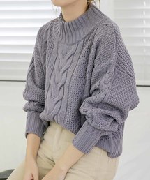 柔らかいペールカラーで春先まで使える◆ケーブル透かし編み長袖リブハイネックニット