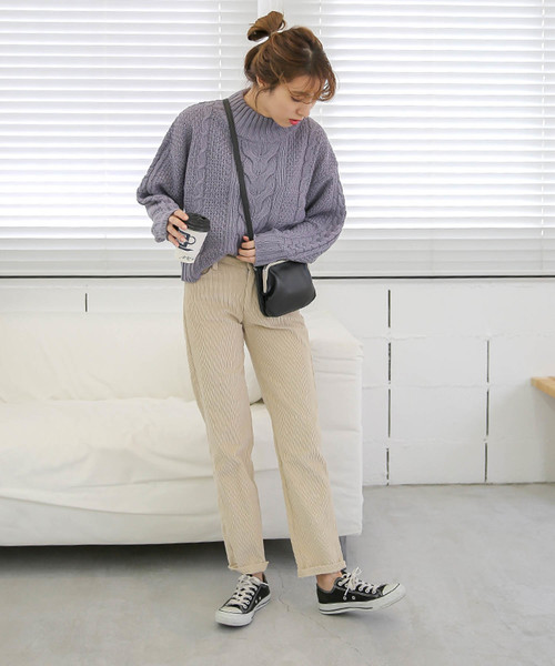 select MOCA（セレクトモカ）の「柔らかいペールカラーで春先まで使える◆ケーブル透かし編み長袖リブハイネックニット（ニット/セーター・レディース・オフホワイト/ピンク/ブルーグレー・FREE）」の6枚目の写真