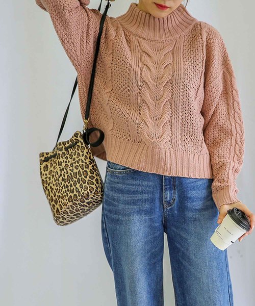 select MOCA（セレクトモカ）の「柔らかいペールカラーで春先まで使える◆ケーブル透かし編み長袖リブハイネックニット（ニット/セーター・レディース・オフホワイト/ピンク/ブルーグレー・FREE）」の9枚目の写真