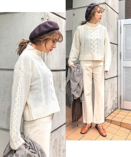 select MOCA（セレクトモカ）の「柔らかいペールカラーで春先まで使える◆ケーブル透かし編み長袖リブハイネックニット（ニット/セーター・レディース・オフホワイト/ピンク/ブルーグレー・FREE）」の13枚目の写真