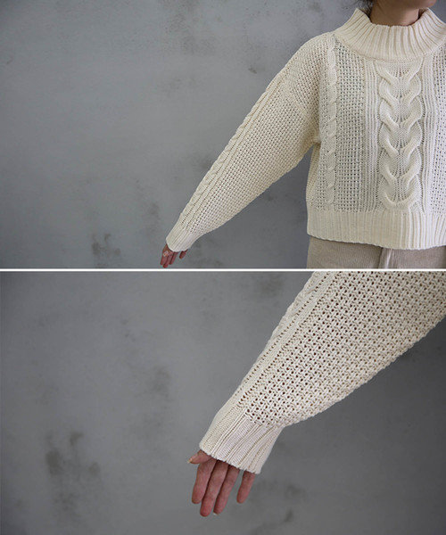 select MOCA（セレクトモカ）の「柔らかいペールカラーで春先まで使える◆ケーブル透かし編み長袖リブハイネックニット（ニット/セーター・レディース・オフホワイト/ピンク/ブルーグレー・FREE）」の22枚目の写真
