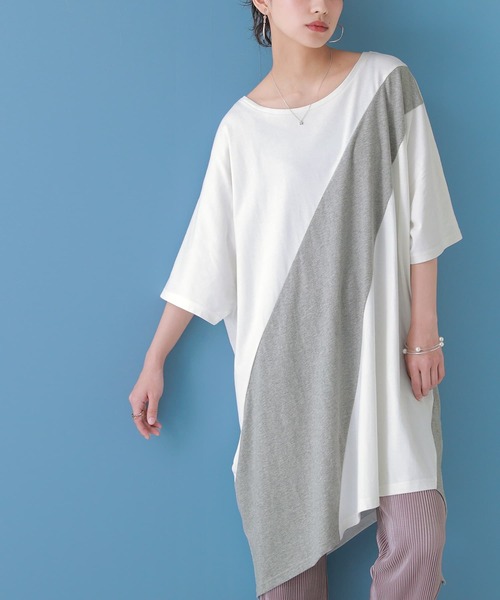 n'Or(ノアール)の「『n'Or変形アシメバイカラーTシャツ』(Tシャツ/カットソー)」|オフホワイト