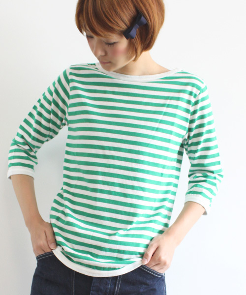 BEAMS BOY(ビームスボーイ)の「□BEAMS BOY / 1cmボーダー ボートネック7分袖② 0900CL(Tシャツ/カットソー・レディース・イエロー/グリーン・BOY)」の2枚目の写真