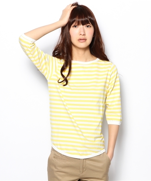 BEAMS BOY(ビームスボーイ)の「□BEAMS BOY / 1cmボーダー ボートネック7分袖② 0900CL(Tシャツ/カットソー・レディース・イエロー/グリーン・BOY)」の9枚目の写真