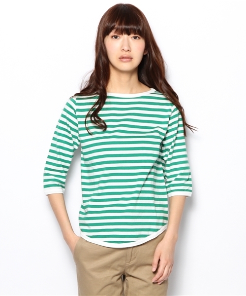 BEAMS BOY(ビームスボーイ)の「□BEAMS BOY / 1cmボーダー ボートネック7分袖② 0900CL(Tシャツ/カットソー・レディース・イエロー/グリーン・BOY)」の10枚目の写真