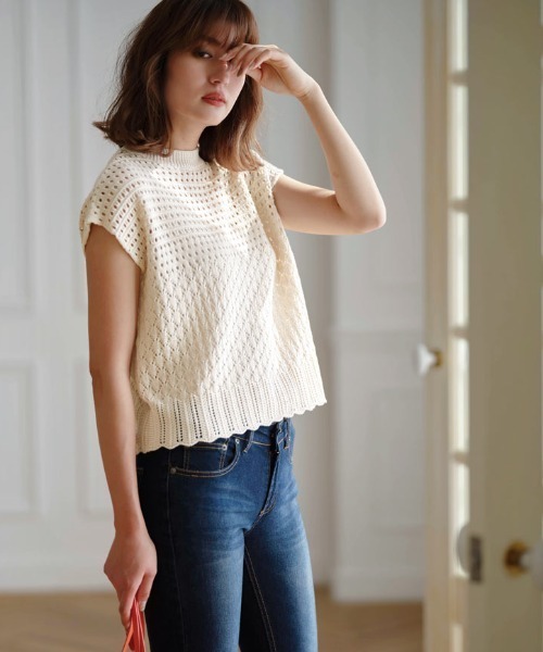 KOBE LETTUCE（コウベレタス）の「透かし編みフレンチスリーブニットトップス（ニット/セーター・レディース・ブラック/ライトベージュ/オレンジ/ブラウン/ベージュ/オリーブ/アイボリー・FREE）」の10枚目の写真