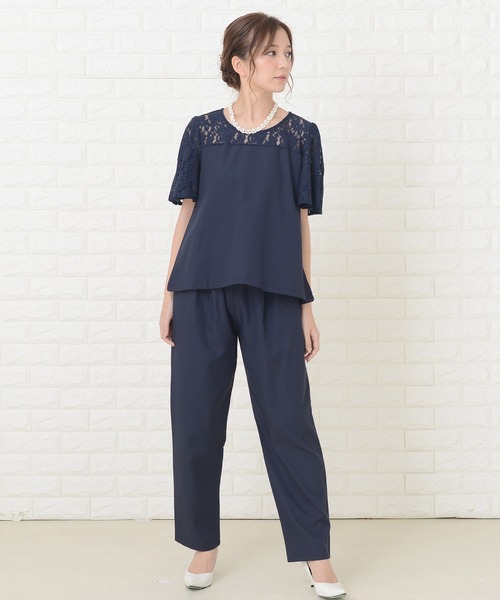 Lace Ladies（レースレディース）の「レース切り替え半袖パンツドレスセットアップ（ドレス・レディース・ブルーグリーン/ブラック/ネイビー・S/XL/L/M/XXL）」の2枚目の写真