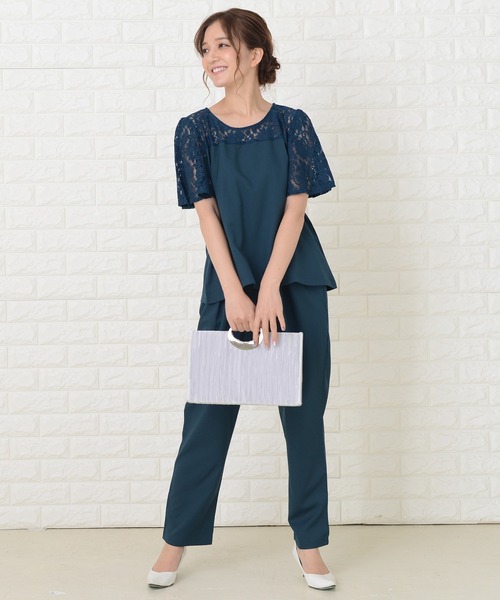 Lace Ladies（レースレディース）の「レース切り替え半袖パンツドレスセットアップ（ドレス・レディース・ブルーグリーン/ブラック/ネイビー・S/XL/L/M/XXL）」の3枚目の写真