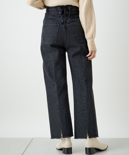 kastane レースデニムパンツ ブルー 低身長サイズ/2サイズ展開/ウエスト調節可】レースデニムパンツ