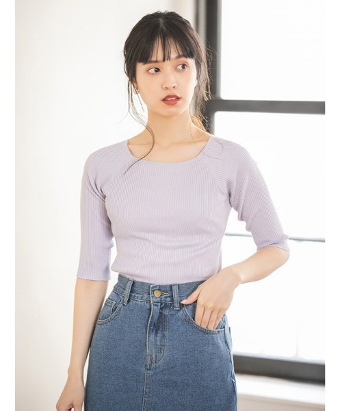 fifth(フィフス)の「スクエアネック五分袖リブニット(ニット/セーター・レディース・ライトグリーン/ホワイト/ラベンダー・MEDIUM)」の3枚目の写真