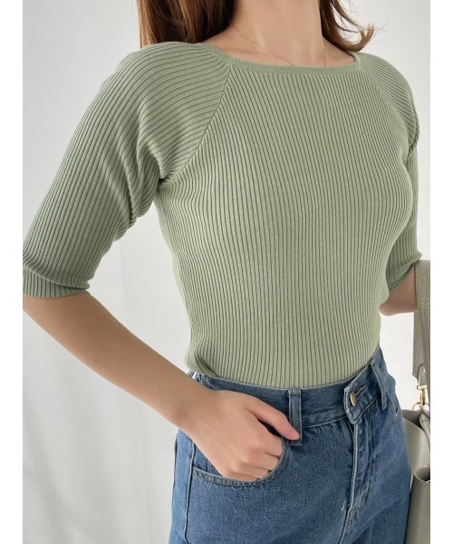 fifth(フィフス)の「スクエアネック五分袖リブニット(ニット/セーター・レディース・ライトグリーン/ホワイト/ラベンダー・MEDIUM)」の2枚目の写真