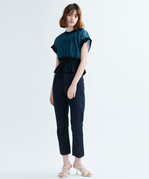 美品 ランバンオンブルー バイカラーレースブラウス ブルー Ｍ パワーショルダー 美品 ランバンオンブルー バイカラーレースブラウス ブルー M パワー