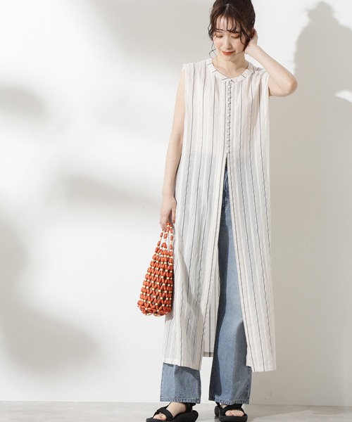 N.（N. Natural Beauty Basic）（エヌエヌナチュラルビューティーベーシック）の「◆ドビーストライプロングブラウス（シャツ/ブラウス・レディース・ブラック/オフホワイト/イエロー・MEDIUM）」の2枚目の写真