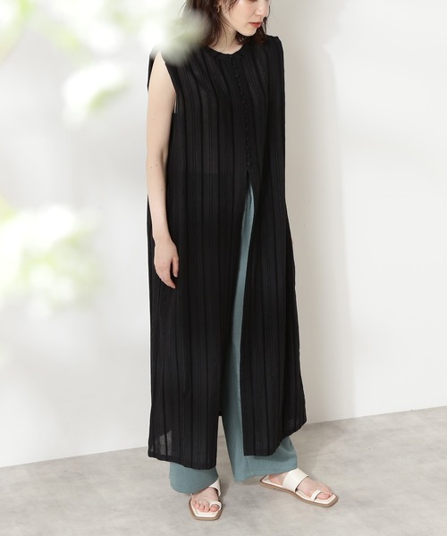 N.（N. Natural Beauty Basic）（エヌエヌナチュラルビューティーベーシック）の「◆ドビーストライプロングブラウス（シャツ/ブラウス・レディース・ブラック/オフホワイト/イエロー・MEDIUM）」の4枚目の写真