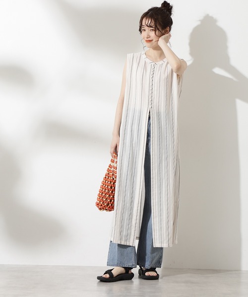 N.（N. Natural Beauty Basic）（エヌエヌナチュラルビューティーベーシック）の「◆ドビーストライプロングブラウス（シャツ/ブラウス・レディース・ブラック/オフホワイト/イエロー・MEDIUM）」の5枚目の写真