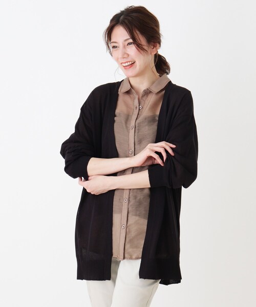 SHOO・LA・RUE（シューラルー）の「◆シアーニットカーディガン（カーディガン/ボレロ・レディース・ブラック/マスタード/ベージュ/オフホワイト・03/02/04）」の3枚目の写真