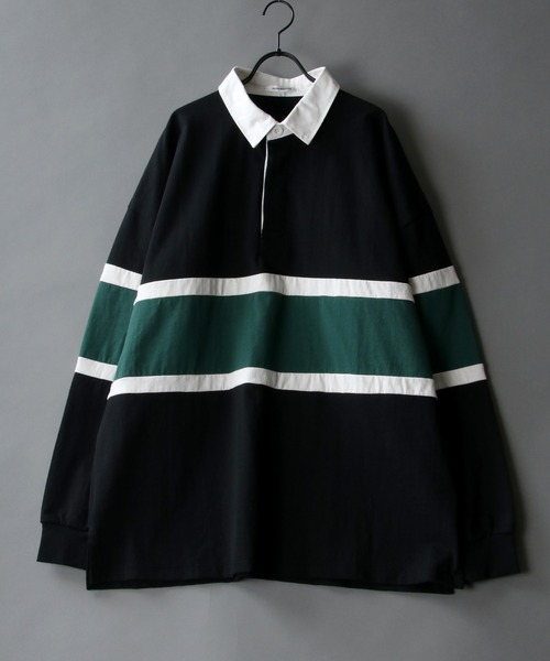 SITRY（シトリー）の「Big silhouette Rugby shirt / ビッグシルエット マルチボーダー ラガーシャツ（ポロシャツ・メンズ・ネイビー/ブラウン/グリーン/ブルーグレー/ブラック/ブルー系その他/ブラック系その他2/オフホワイト/グリーン系その他/グレイッシュブルー/グリーン系その他2/ブルー/ブラック系その他/ブルー系その他2/ホワイト系その他2/ブラック系その他3/ホワイト系その他/グリーン系その他3/オレンジ・M/L）」の5枚目の写真