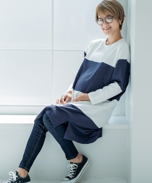 CHOCOA（チョコア）の「マタニティ授乳ワイドボーダーワンピース（マタニティウェア/グッズ・レディース・チャコールグレー/ネイビー/イエロー・FREE）」の9枚目の写真