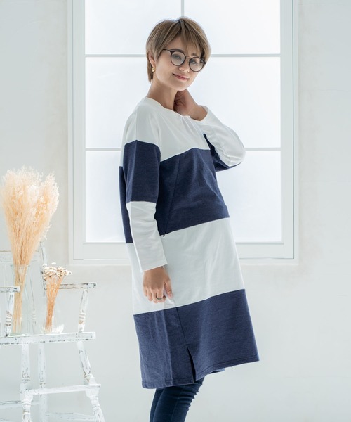 CHOCOA（チョコア）の「マタニティ授乳ワイドボーダーワンピース（マタニティウェア/グッズ・レディース・チャコールグレー/ネイビー/イエロー・FREE）」の13枚目の写真