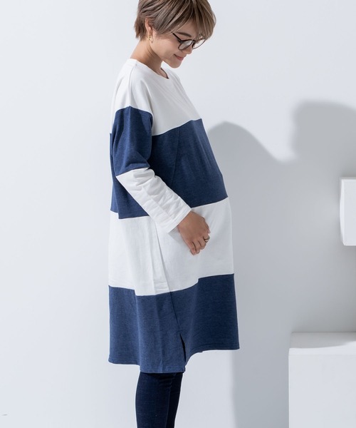 CHOCOA（チョコア）の「マタニティ授乳ワイドボーダーワンピース（マタニティウェア/グッズ・レディース・チャコールグレー/ネイビー/イエロー・FREE）」の16枚目の写真