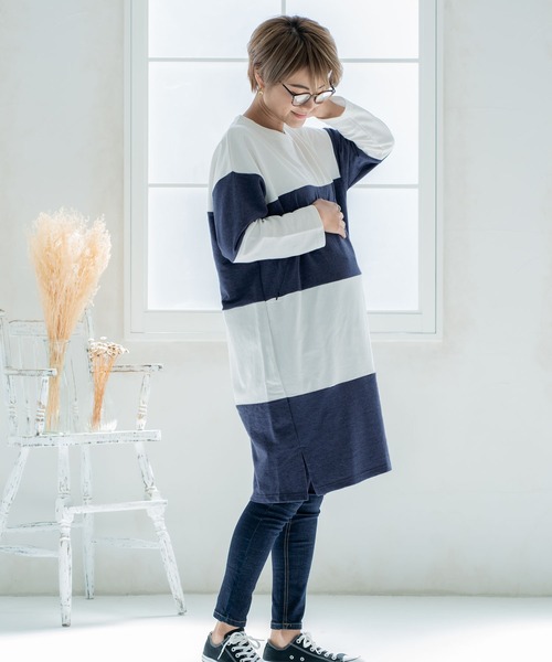 CHOCOA（チョコア）の「マタニティ授乳ワイドボーダーワンピース（マタニティウェア/グッズ・レディース・チャコールグレー/ネイビー/イエロー・FREE）」の17枚目の写真