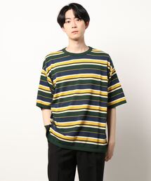 【ATELANE】14GGマルチボーダーニットクルー/ドロップショルダーシルエットTシャツ/メンズ