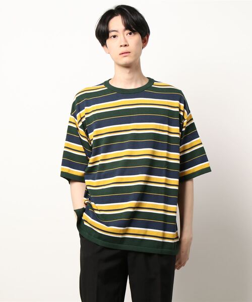 JUGLANS(ユグランス)の「【ATELANE】14GGマルチボーダーニットクルー/ドロップショルダーシルエットTシャツ/メンズ(Tシャツ/カットソー・メンズ・サックスブルー/カーキ/ブラック・L/M)」の1枚目の写真