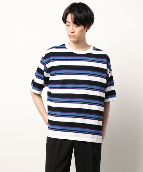 JUGLANS(ユグランス)の「【ATELANE】14GGマルチボーダーニットクルー/ドロップショルダーシルエットTシャツ/メンズ(Tシャツ/カットソー・メンズ・サックスブルー/カーキ/ブラック・L/M)」の2枚目の写真