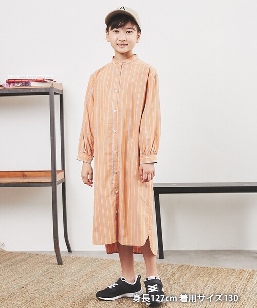 coen（コーエン）の「バンドカラーシャツワンピース（シャツワンピース・キッズ・オレンジ/ケリー・140/130/110/150/120/100）」の4枚目の写真